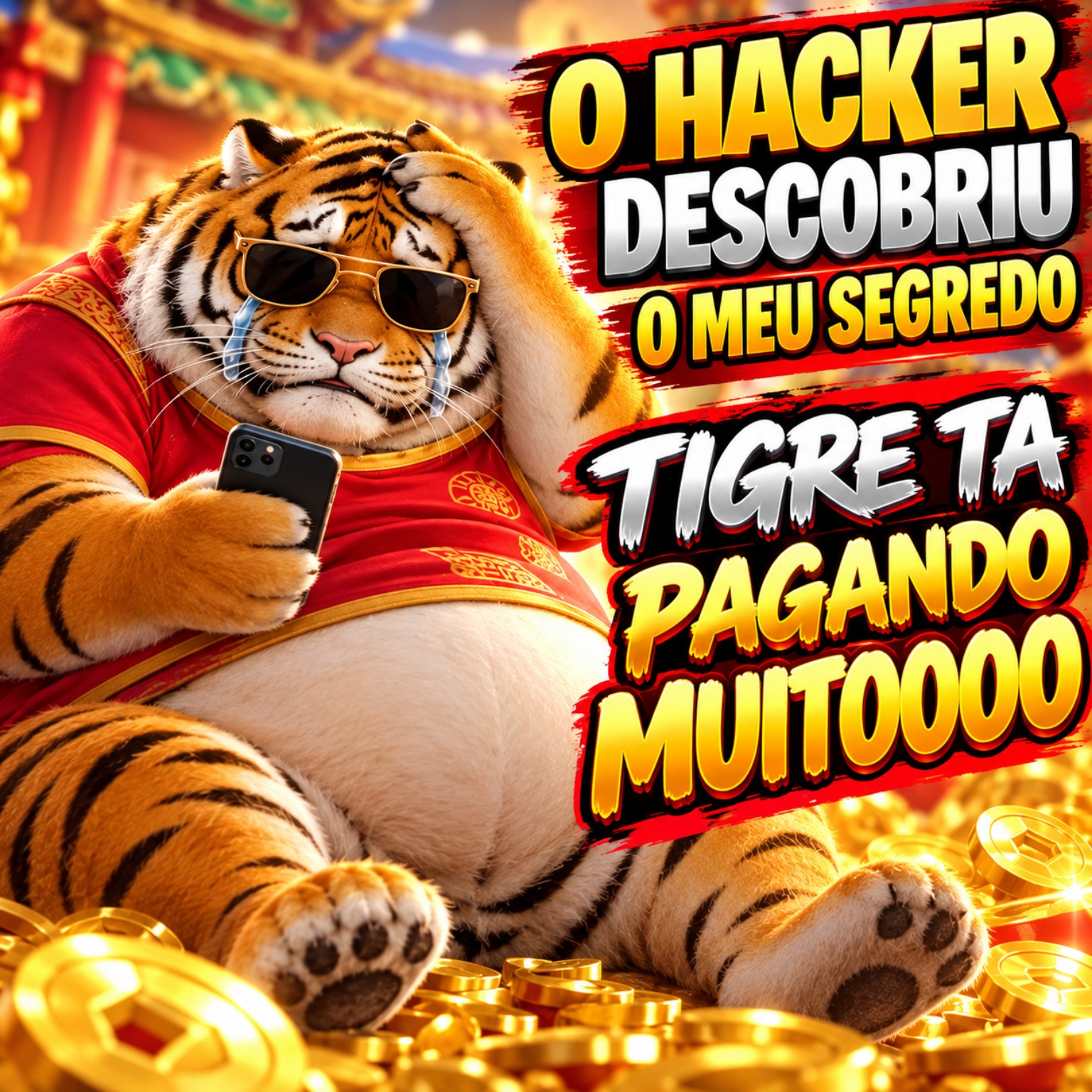 Tigre da China com roupa vermelha e moedas douradas, arte original enviada